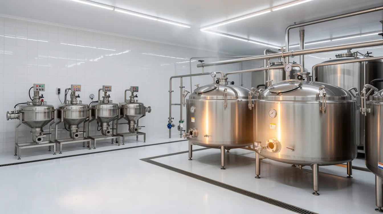 The image depicts stainless steel ghee processing kettles and cream separators within a modern dairy factory, showcasing the ghee manufacturing plant's advanced equipment. This facility highlights the manufacturing process essential for producing clarified butter, emphasizing the quality control and efficiency in the ghee production industry.