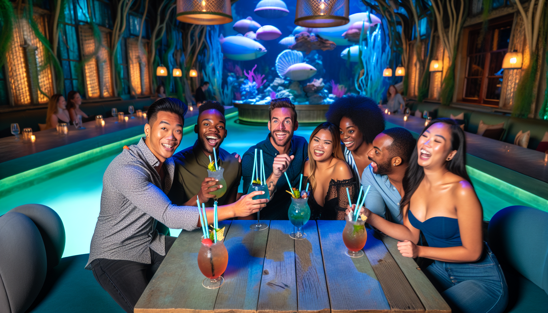 A group of friends celebrating with mermaid-themed cocktails and mocktails