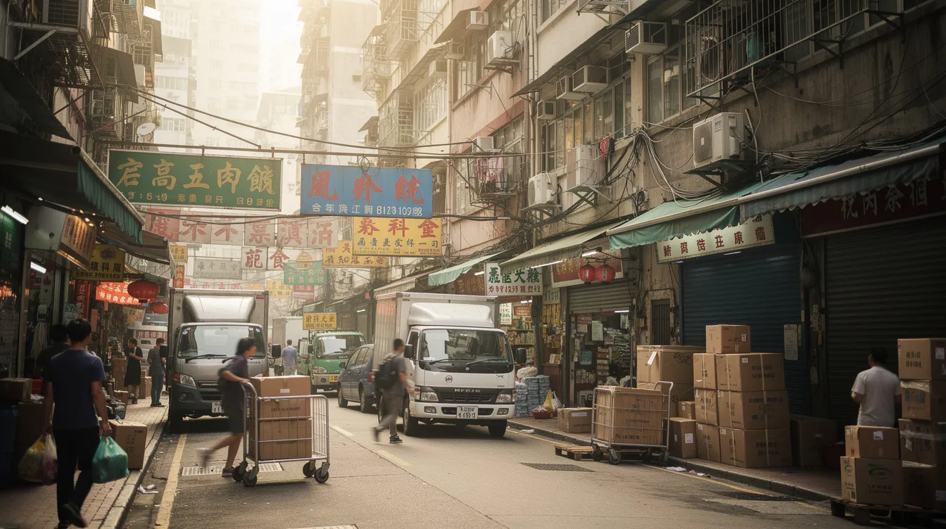 圖片展示香港繁忙的商業街道，陽光明媚下小店和倉庫林立，反映中小企蓬勃發展的環境，強調中小企融資擔保對其成長和可持續性的關鍵作用。