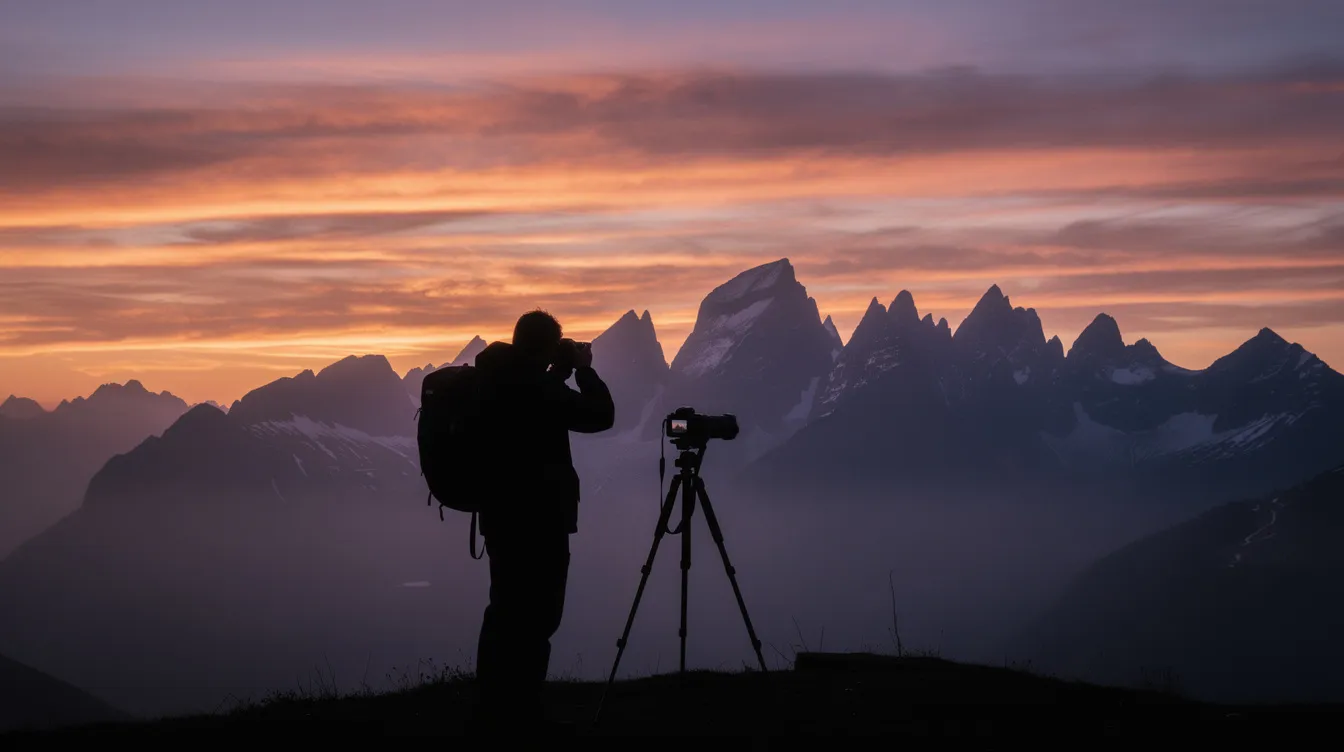 A silhouette of a photographer with a camera on a tripod stands against a stunning sunset over distant mountains, with an orange and purple sky creating a dramatic backdrop. This scene captures the beauty of nature during the golden hour, highlighting the photographer's focus on landscape photography.