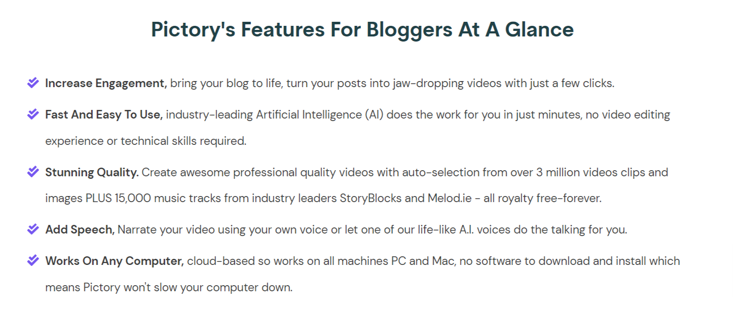 Pictory's features for bloggers