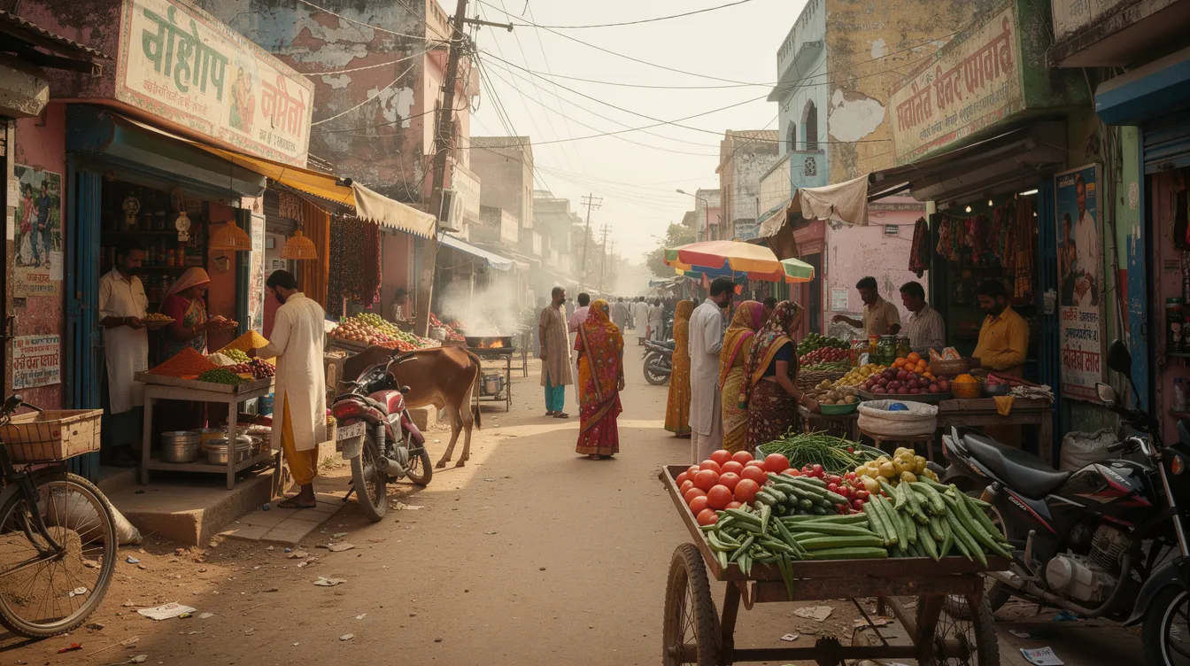 The image depicts a bustling rural Indian market street filled with small shops, where local businesses cater to a diverse crowd of customers during the daytime. Stalls selling fresh produce, clothing, and other goods showcase the vibrant local market atmosphere, highlighting the essence of small town business ideas and community engagement.