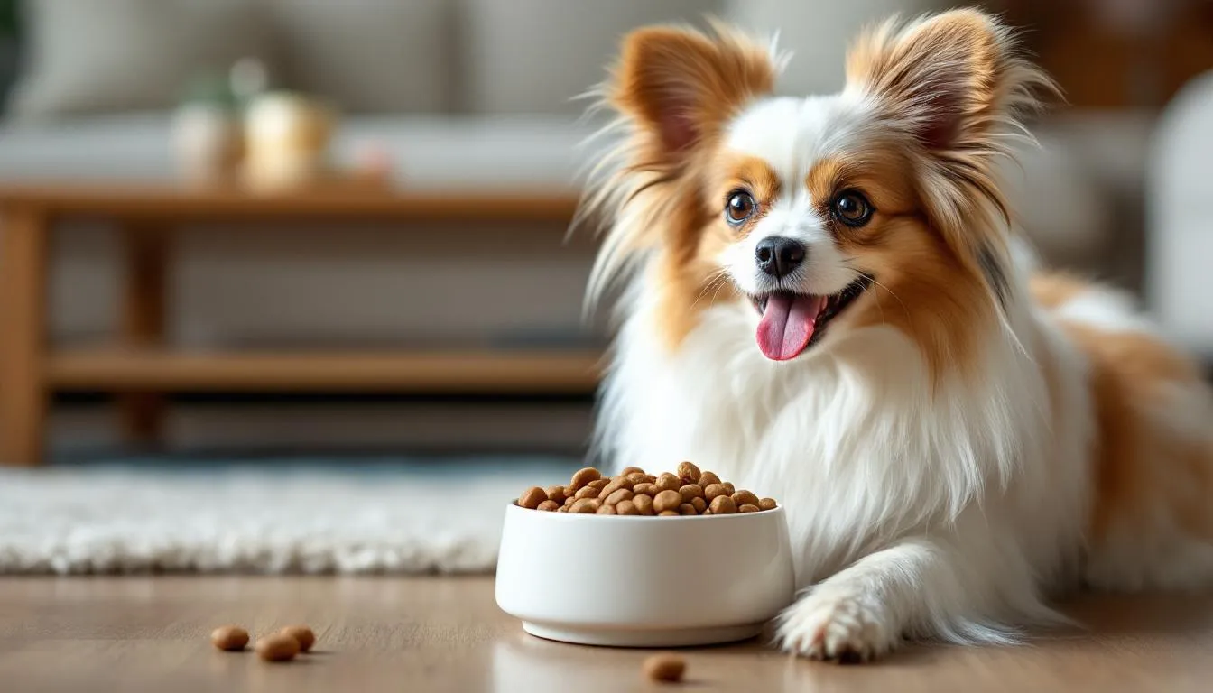 A playful Papillon dog is happily eating high-nutrition dog food from a bowl, showcasing its distinctive butterfly-like ears and silky coat. This tiny dog, known for its intelligence and affectionate nature, is enjoying a meal that supports its health and vitality.