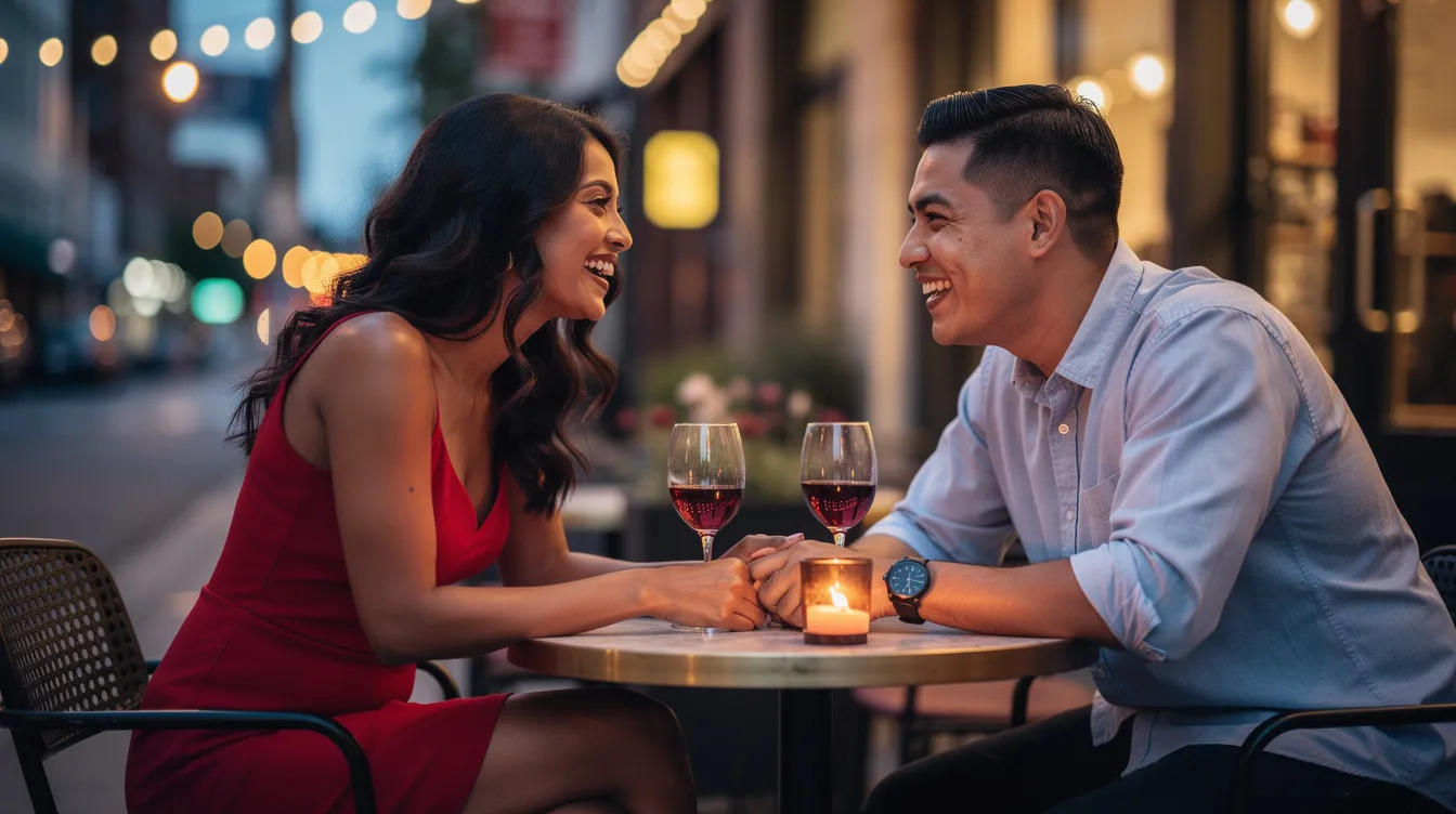 A Latina woman and a white man are enjoying a romantic dinner date, sharing laughter and engaging in conversation about their cultural backgrounds. The warm ambiance highlights their connection, showcasing the beauty of cultural diversity in relationships, particularly in dating a Latina.