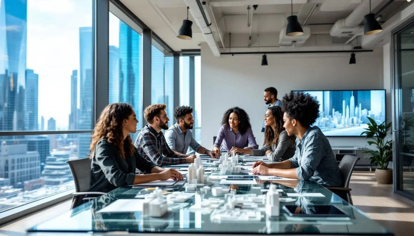 A diverse team of architects collaborating in a modern office environment, reflecting the work culture in New York.