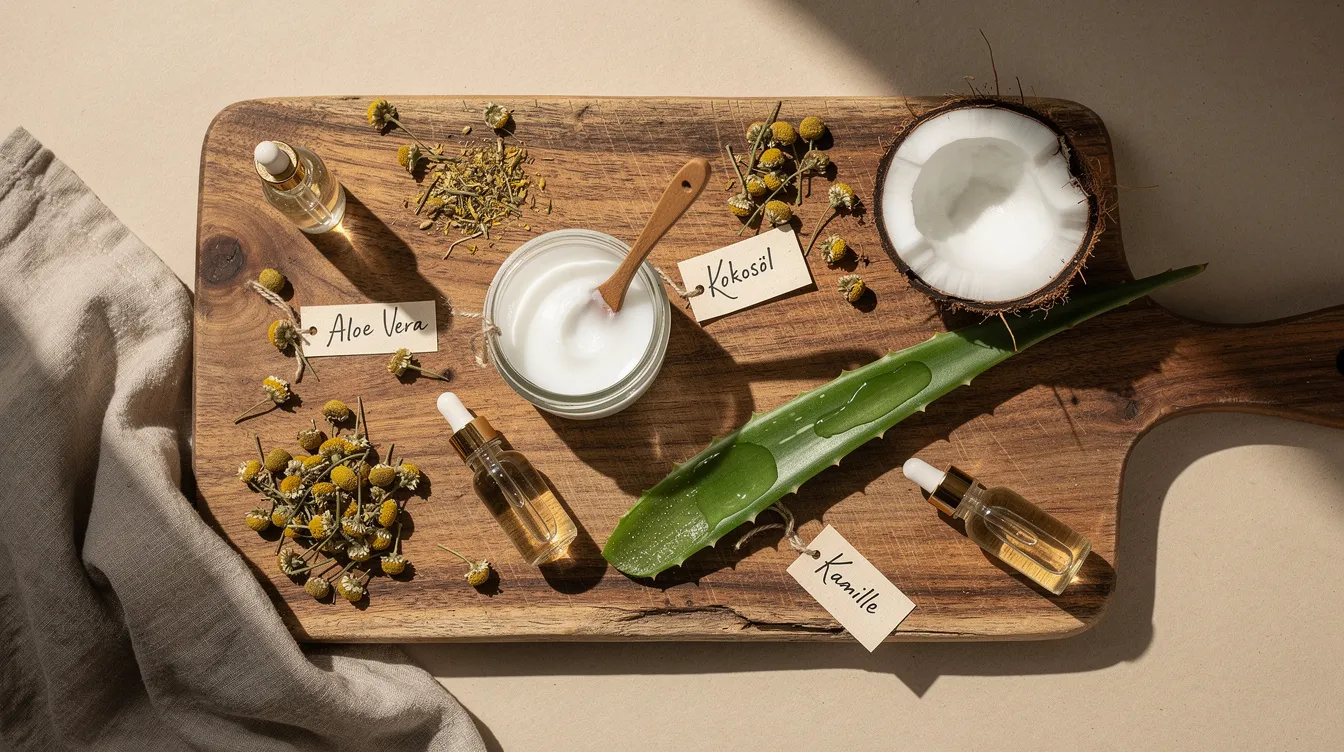 Auf einem Holzbrett sind verschiedene Naturprodukte wie Kokosöl, ein Aloe-Vera-Blatt und Kamillenblüten dekorativ angeordnet, die als Hausmittel gegen Scheidenpilz und zur Unterstützung der Intimhygiene bei Frauen dienen können. Diese Produkte sind bekannt für ihre positiven Eigenschaften bei der Linderung von Beschwerden und der Förderung eines gesunden Scheidenmilieus.