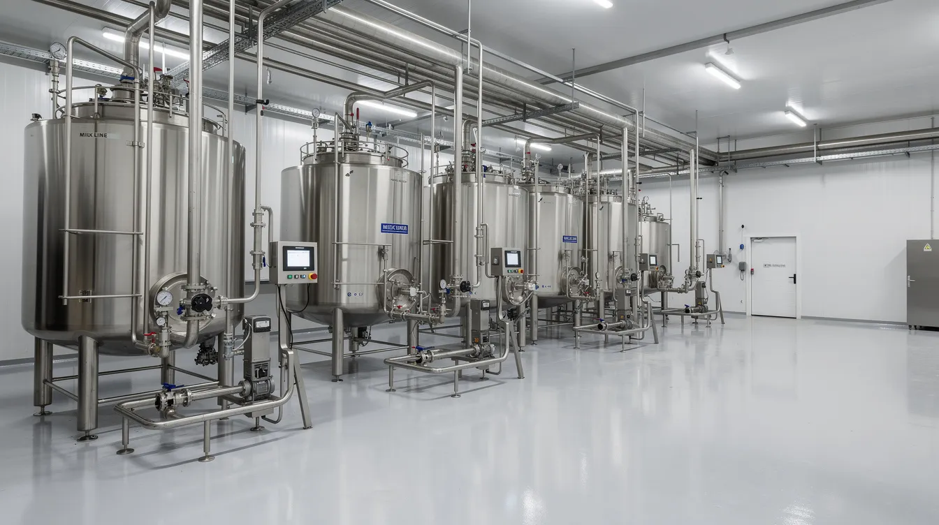 4c848870 2737 4a6f aed0 ca3235f4e563 The image depicts an industrial dairy processing plant featuring large stainless steel tanks and intricate piping systems, all within a clean and organized environment dedicated to milk powder manufacturing. This facility is integral to the milk powder industry, emphasizing efficient operations and quality control in the production process of products like skimmed milk powder and whole milk powder.