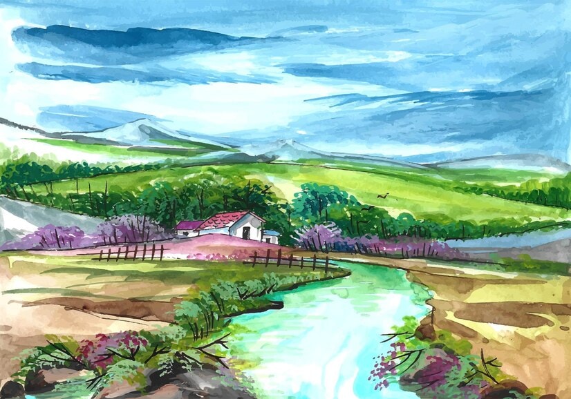 beautiful nature landscape hand draw with watercolor background