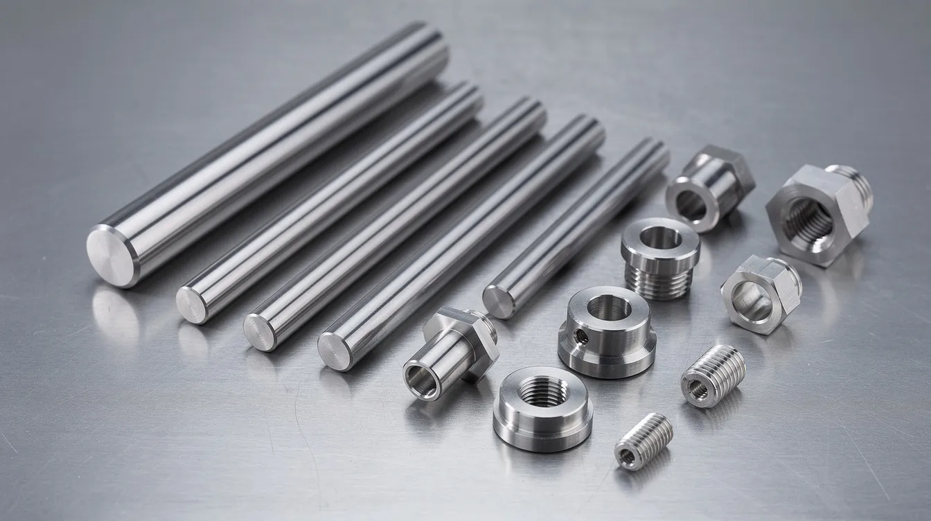 An array of precision CNC machined parts, including shafts, pins, and threaded connectors, is neatly arranged on a steel surface, showcasing the high-quality craftsmanship and tight tolerances typical of custom CNC machining processes. The parts demonstrate excellent corrosion resistance and are well-suited for various applications in industries such as automotive and aerospace.