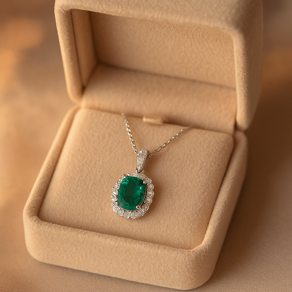 Pakabukas su smaragdu dėžutėje