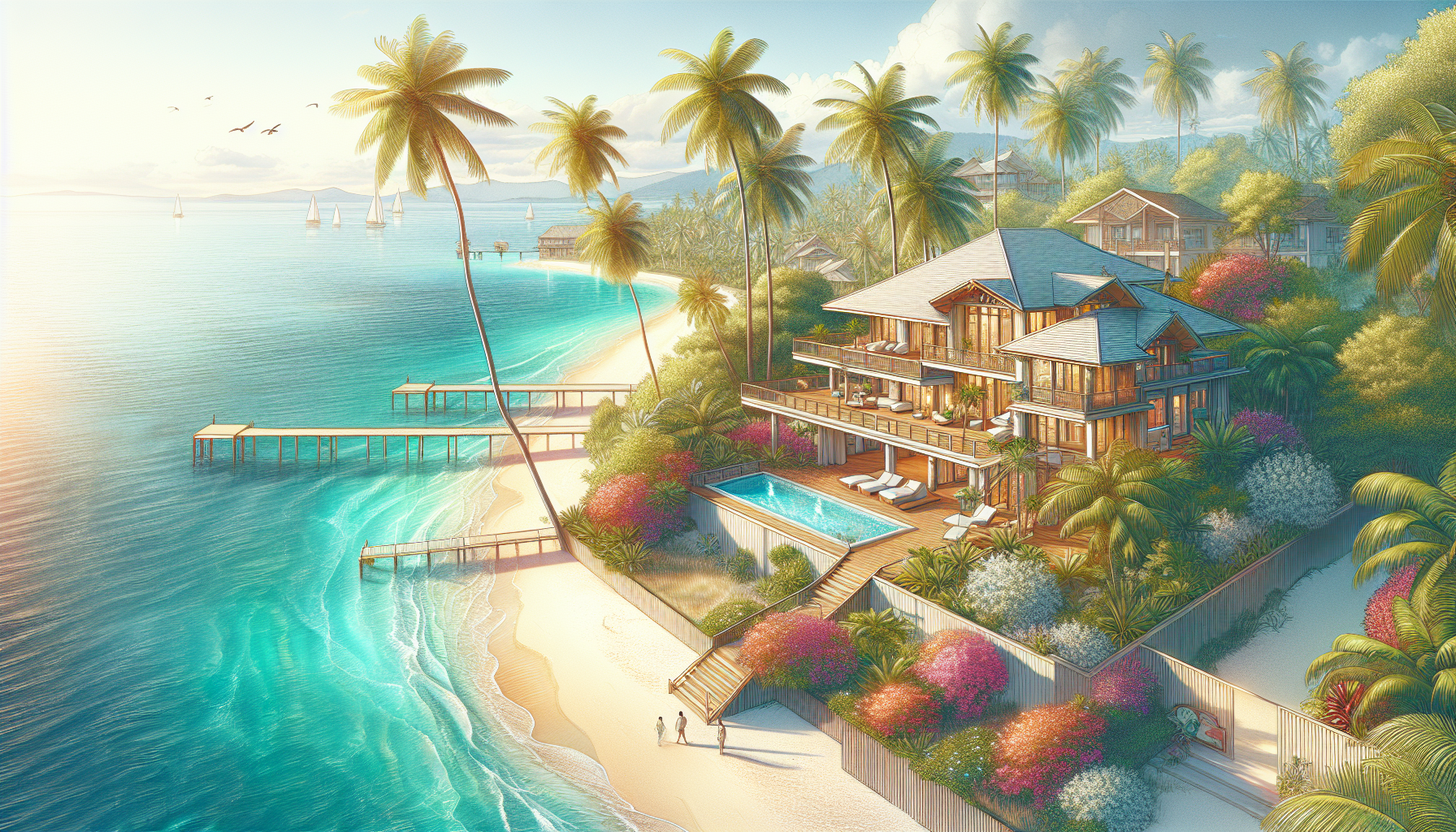 A creative illustration representing maximizing your beachfront investment, showcasing various beachfront homes.