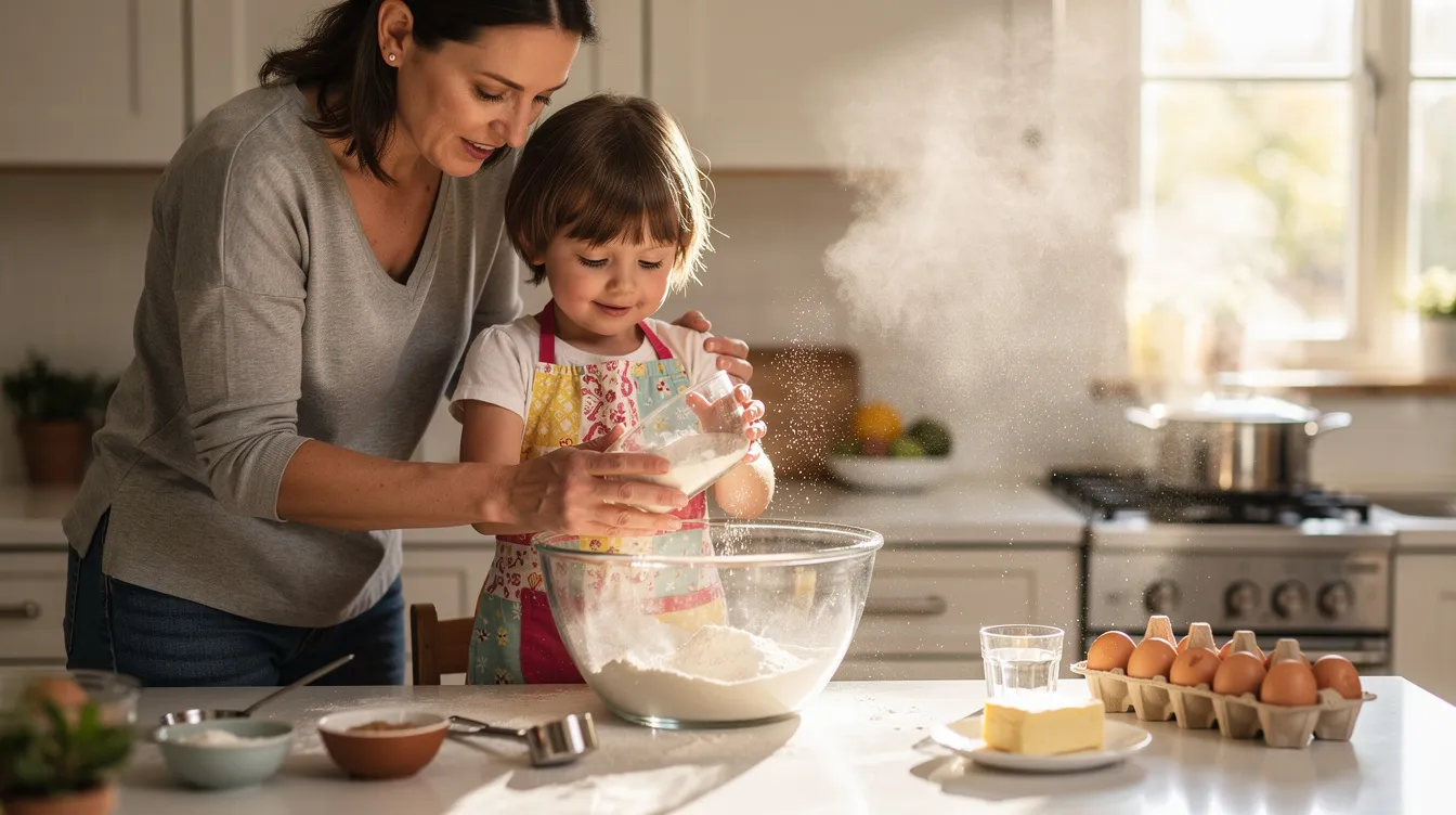 A parent and child are joyfully cooking together in a well-lit kitchen, measuring ingredients and fostering a supportive learning environment. This engaging activity not only enhances the child's problem-solving skills but also nurtures their love for learning through hands-on experience.