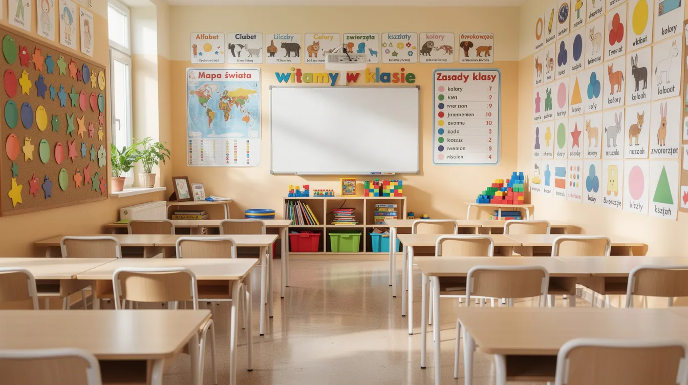Na obrazku znajduje się przyjazna klasa szkolna, w kt&oacute;rej ściany ozdobione są kolorowymi pomocami dydaktycznymi. W klasie uczniowie uczą się podstawowych umiejętności, co sprzyja ich rozwojowi w edukacji wczesnoszkolnej.