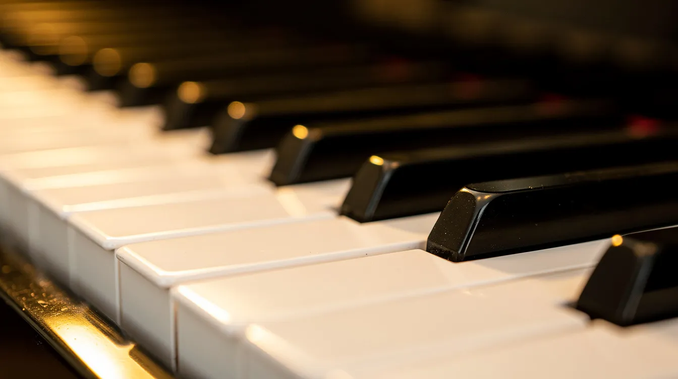 Die Nahaufnahme zeigt eine Reihe von weißen und schwarzen Klaviertasten, die in warmem Licht erstrahlen. Diese Darstellung der Klaviatur vermittelt ein Gefühl von Harmonie und Musik, ideal für Anfänger, die die C-Dur-Tonleiter oder andere Dur- und Molltonarten erkunden möchten.