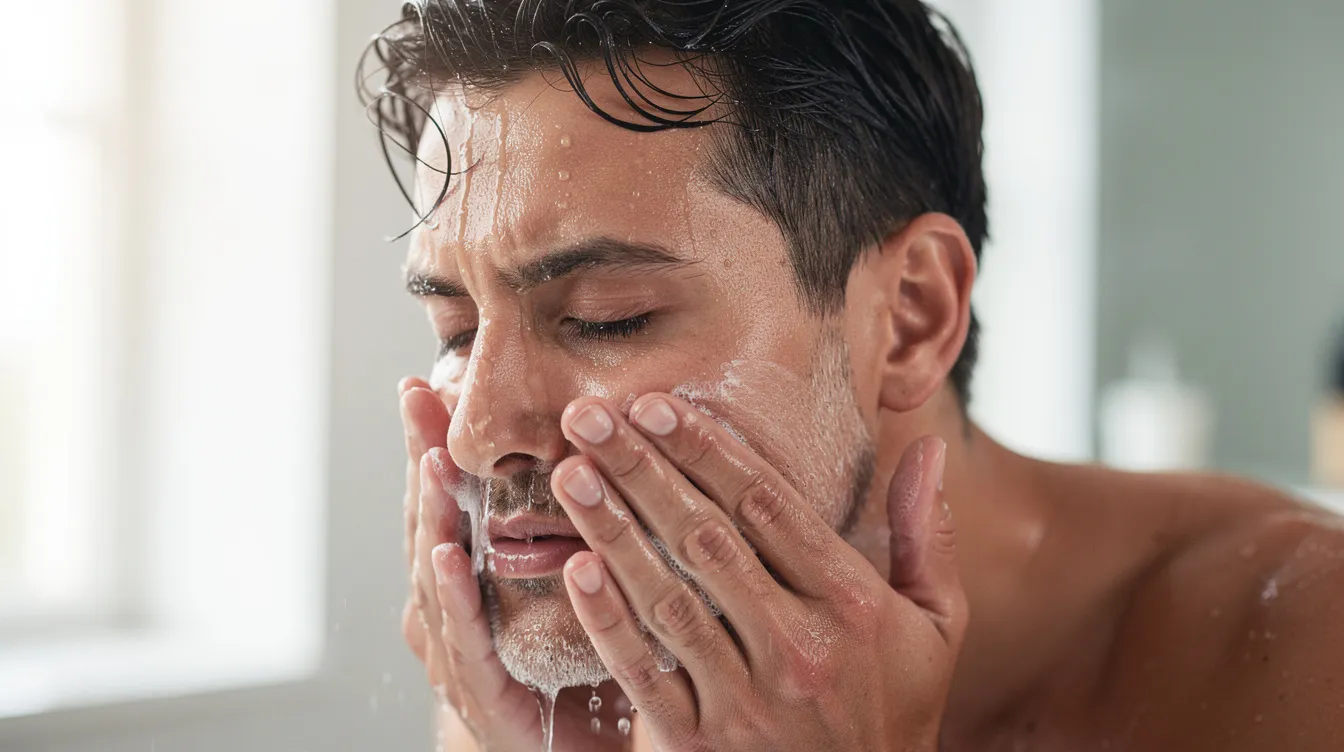 Man rinsing his face after shaving as part of a post-shave grooming routine