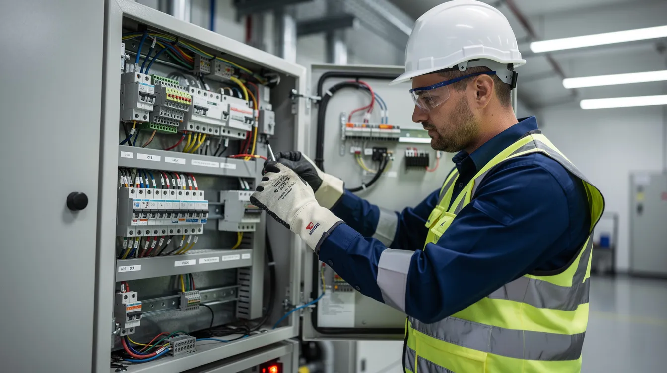 A technician is inspecting an electrical control panel, ensuring compliance with arc flash standards and assessing potential thermal hazards. The technician is wearing appropriate arc flash PPE to protect against serious injuries from electric arcs and incident energy levels.