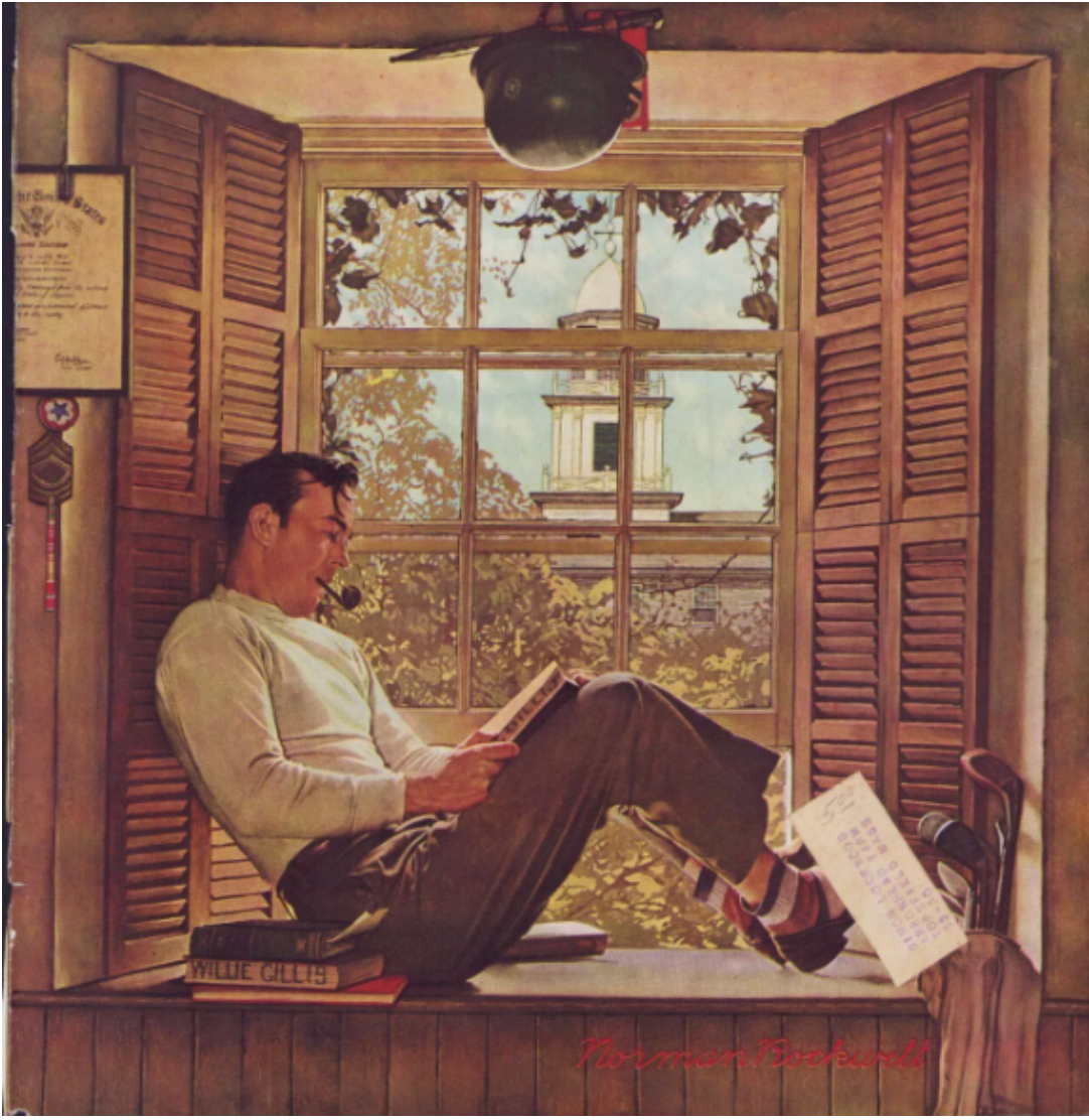 Illustration of a man reading in a window by Norman Rockwell