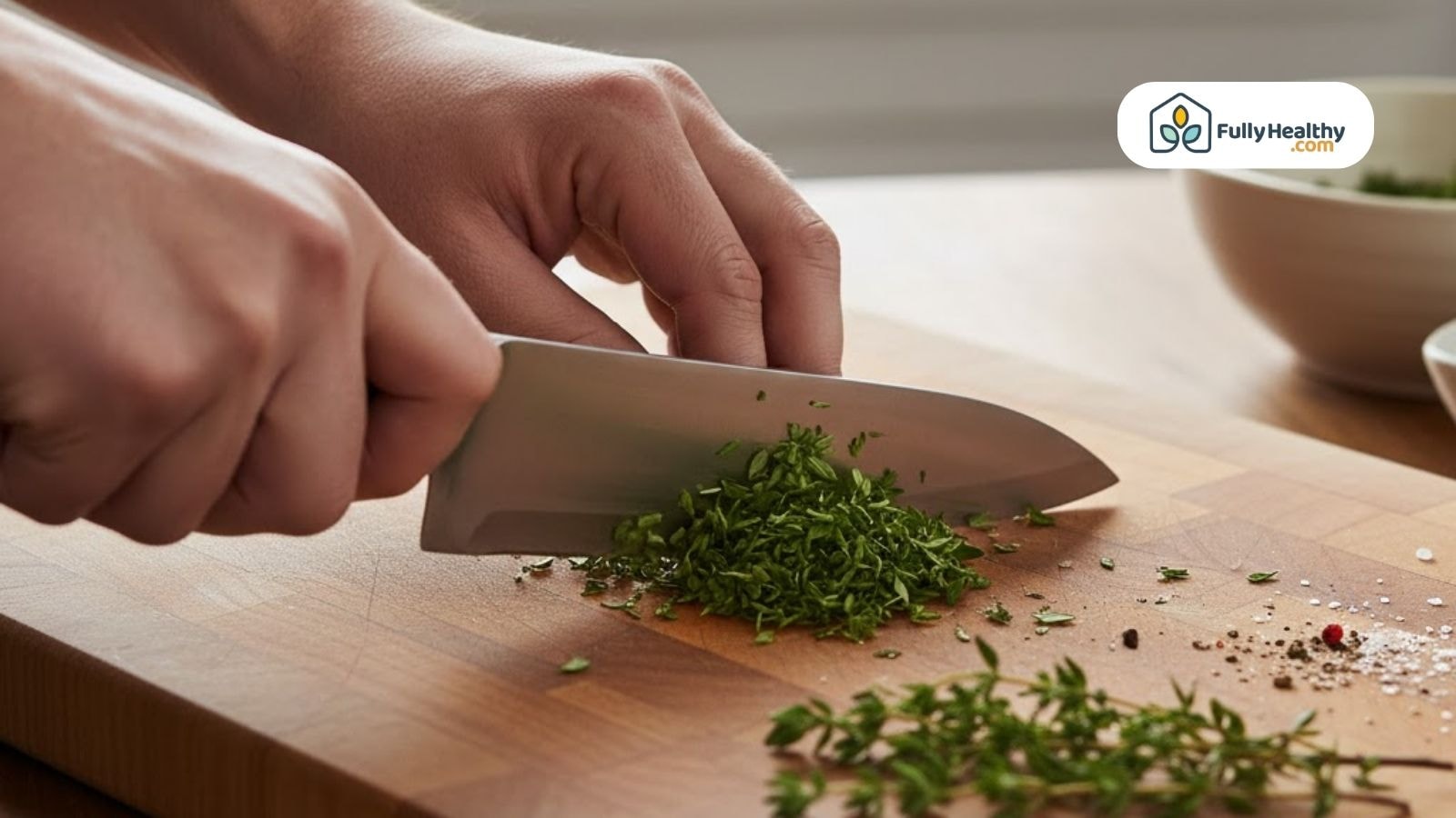 Chopping thyme using a chef’s knife on a wooden cutting board.