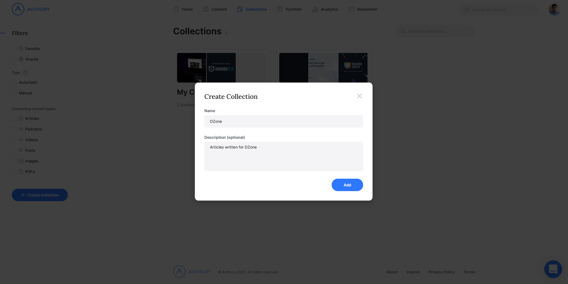 Naming a collection on Authory