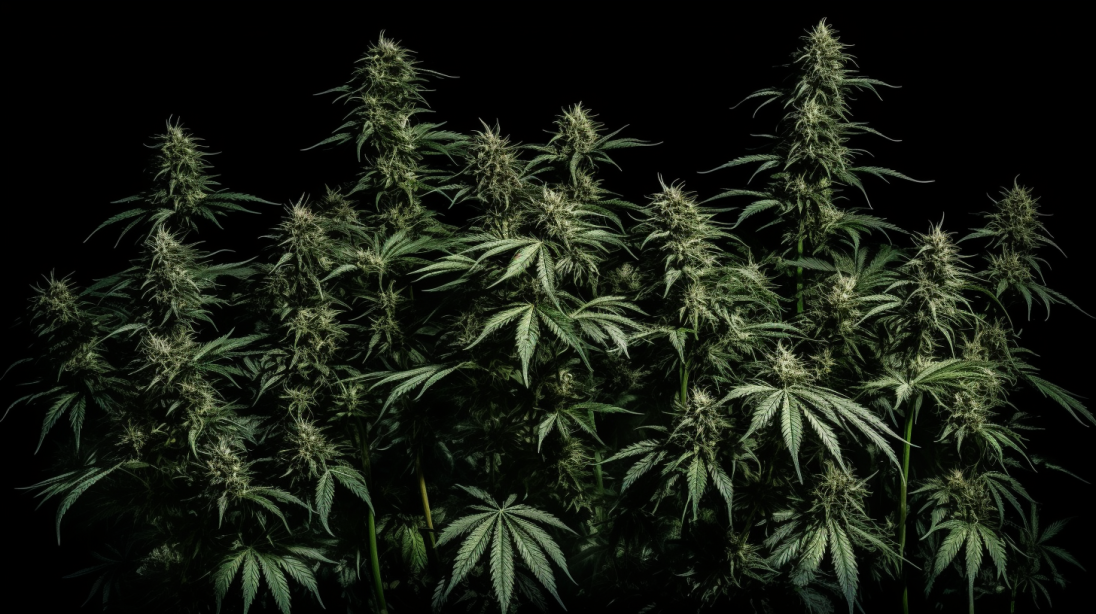 a bunch of marijuana plants in a row. untrimmed cannabis plants with black background