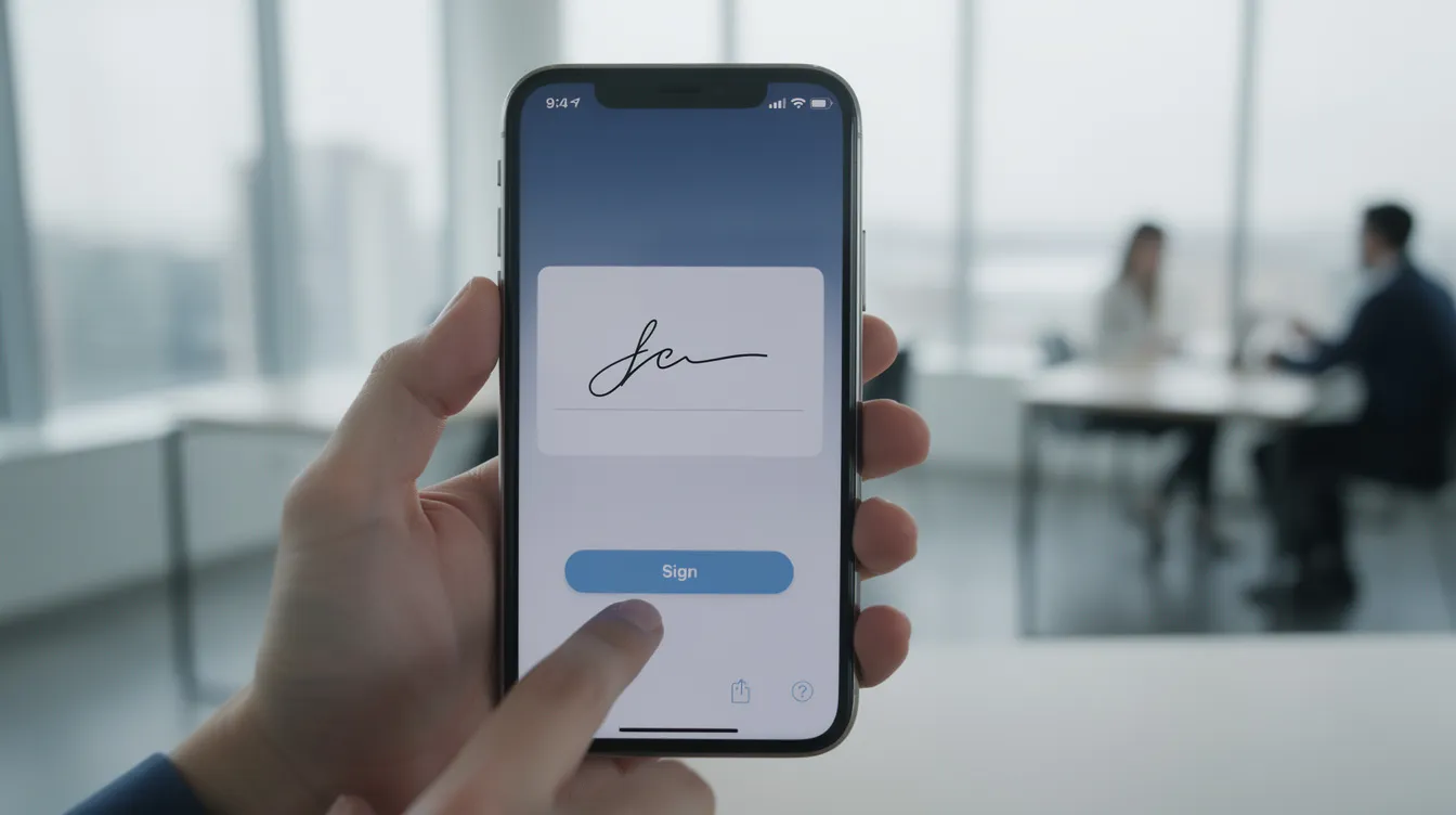 A person is tapping a smartphone screen that displays a digital signature pad in a sleek modern office environment, illustrating the use of technology in administrative tasks relevant to public service positions in 香港 特別 行政區.