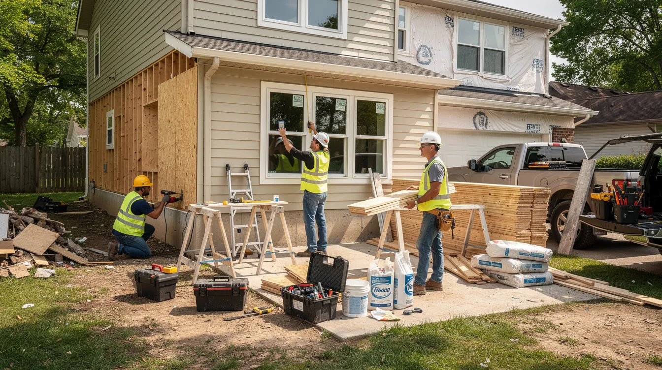 The image shows construction workers actively renovating a residential property, surrounded by various tools and building materials. This scene highlights the importance of home improvements, which can impact the home's market value and potentially influence decisions regarding home equity loans or lines of credit.