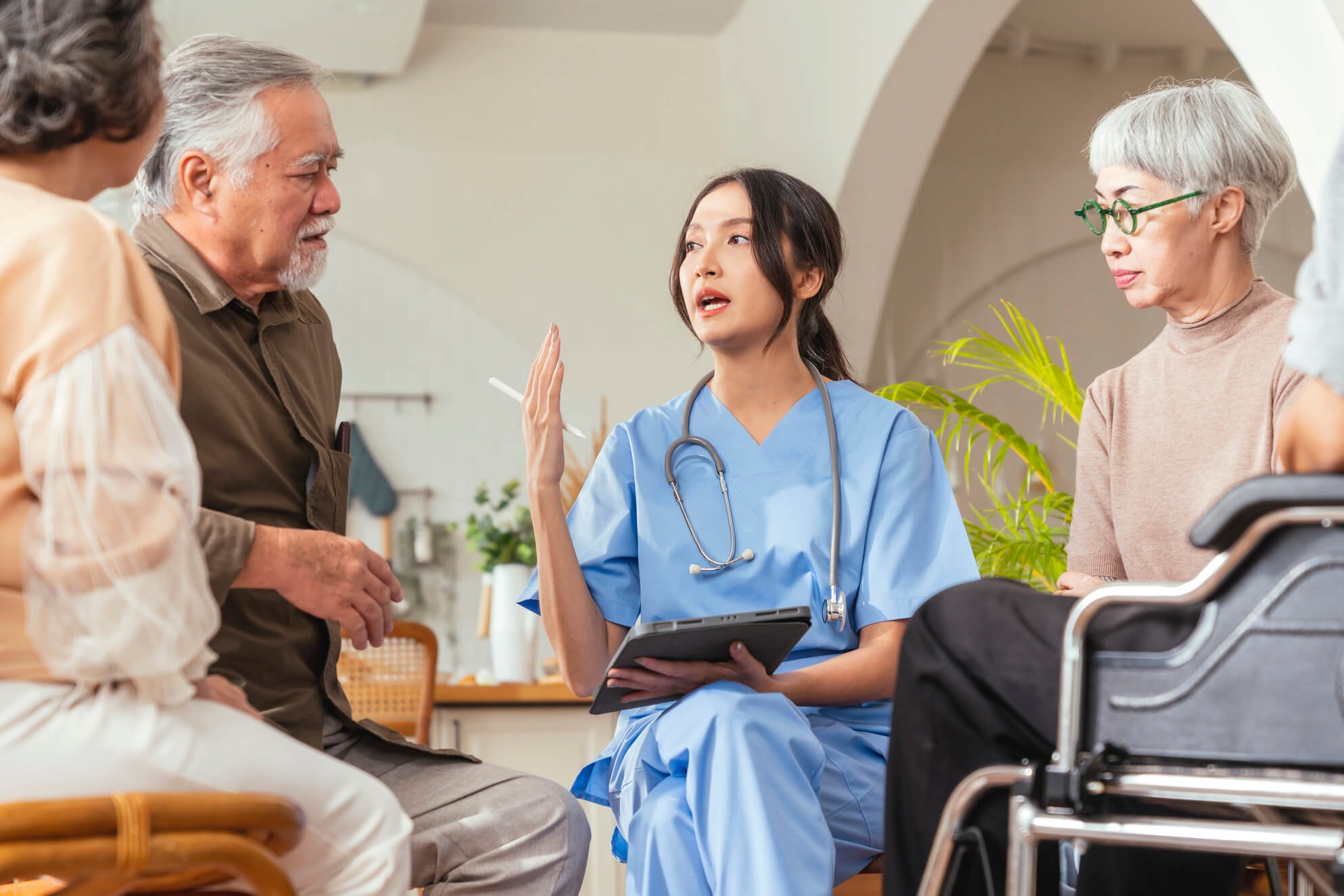 residents living in an assisted living facility getting personal care from staff