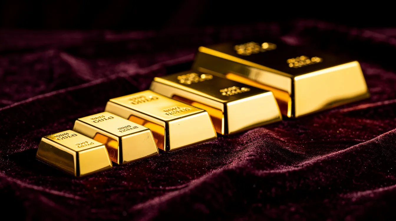 The image features a close-up view of several gold bars of varying sizes, meticulously arranged from smallest to largest on a luxurious velvet cloth, highlighting the allure of gold bullion as a valuable asset in investment portfolios. The gleaming surface of the bars reflects their purity and investment-grade quality, emphasizing their significance in the world of precious metals.
