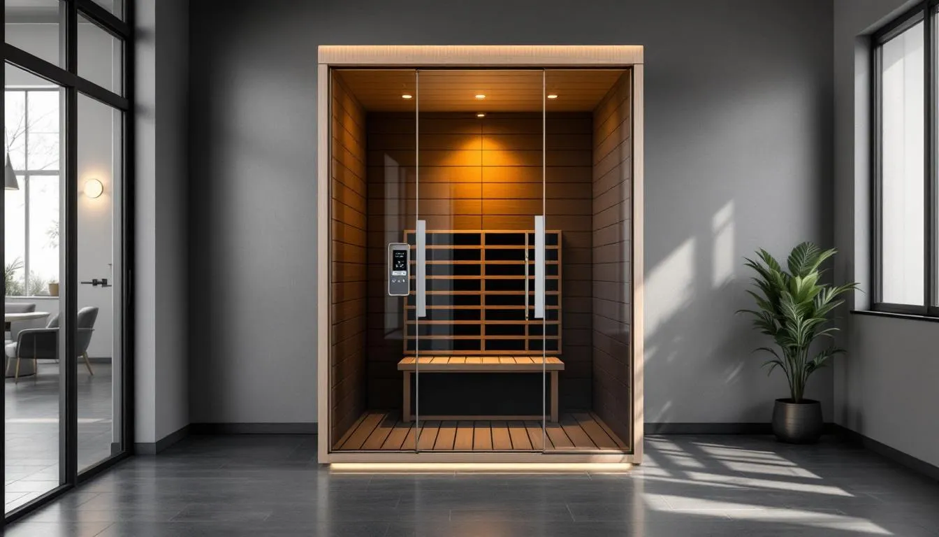 The image depicts a modern infrared sauna installation within a professional gym setting, showcasing sleek design and advanced technology. This infrared sauna is designed for sauna therapy sessions, promoting muscle recovery and enhancing blood flow, making it an ideal choice for individuals seeking the health benefits of infrared sauna bathing after intense workouts.