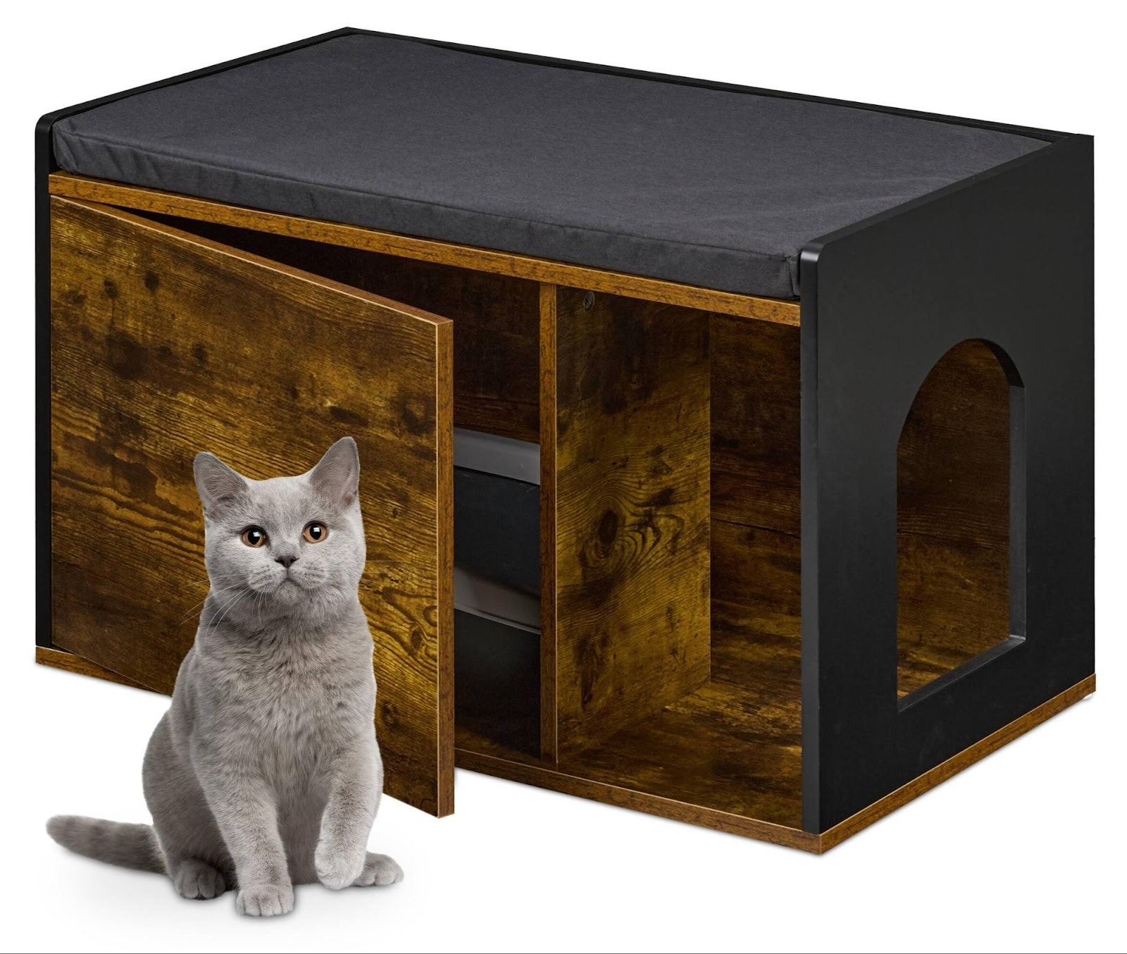 Industriële kattenbak ombouw met houten accenten