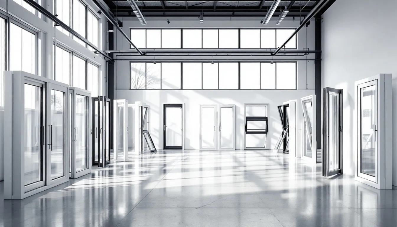 Een moderne fabriek showroom toont verschillende samples van kozijnen, waaronder houten, kunststof en aluminium kozijnen. De ruimte is ingericht om klanten te helpen bij het kiezen van hun gewenste kozijnen, met een focus op kwaliteit en maatwerk.