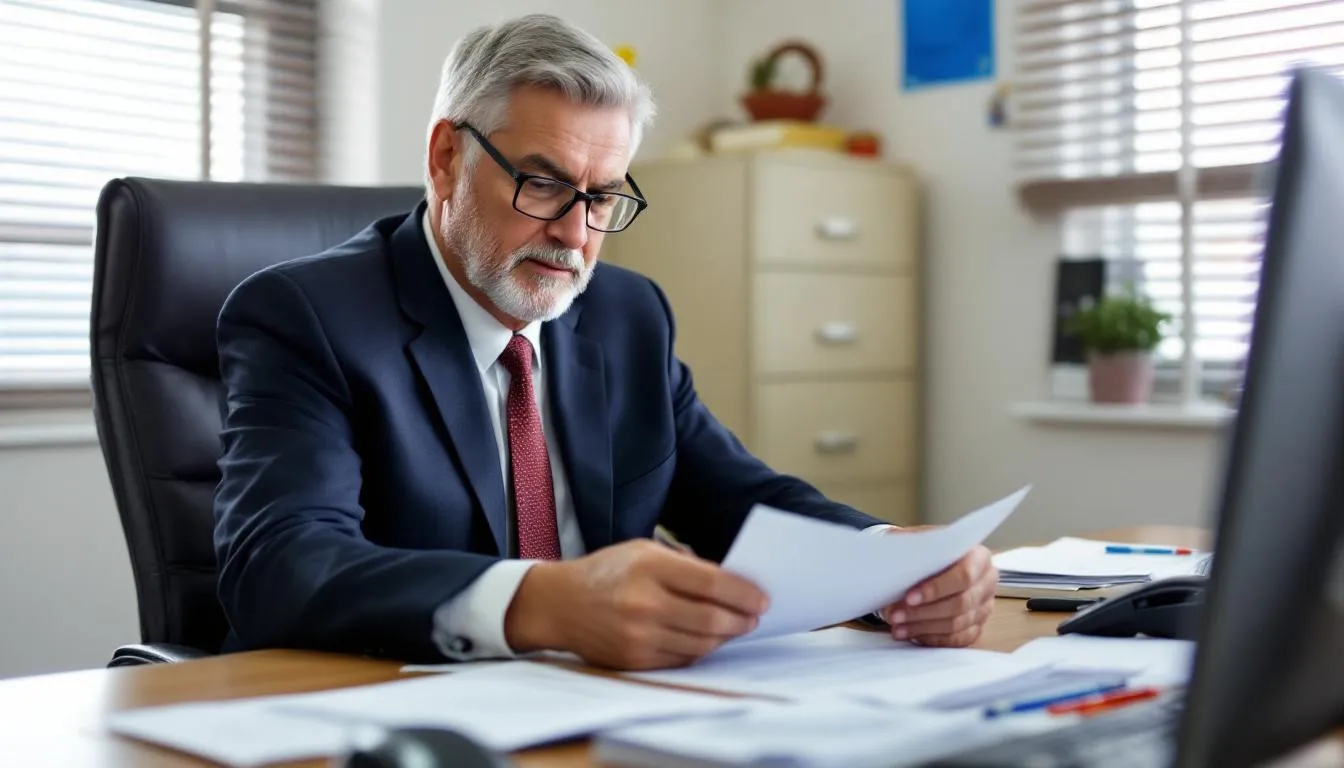 A federal employee sits at a government office desk, carefully reviewing retirement benefits paperwork, which includes details about their retirement service computation date and eligibility for various retirement plans. The scene emphasizes the importance of understanding retirement goals and benefits for a successful retirement.