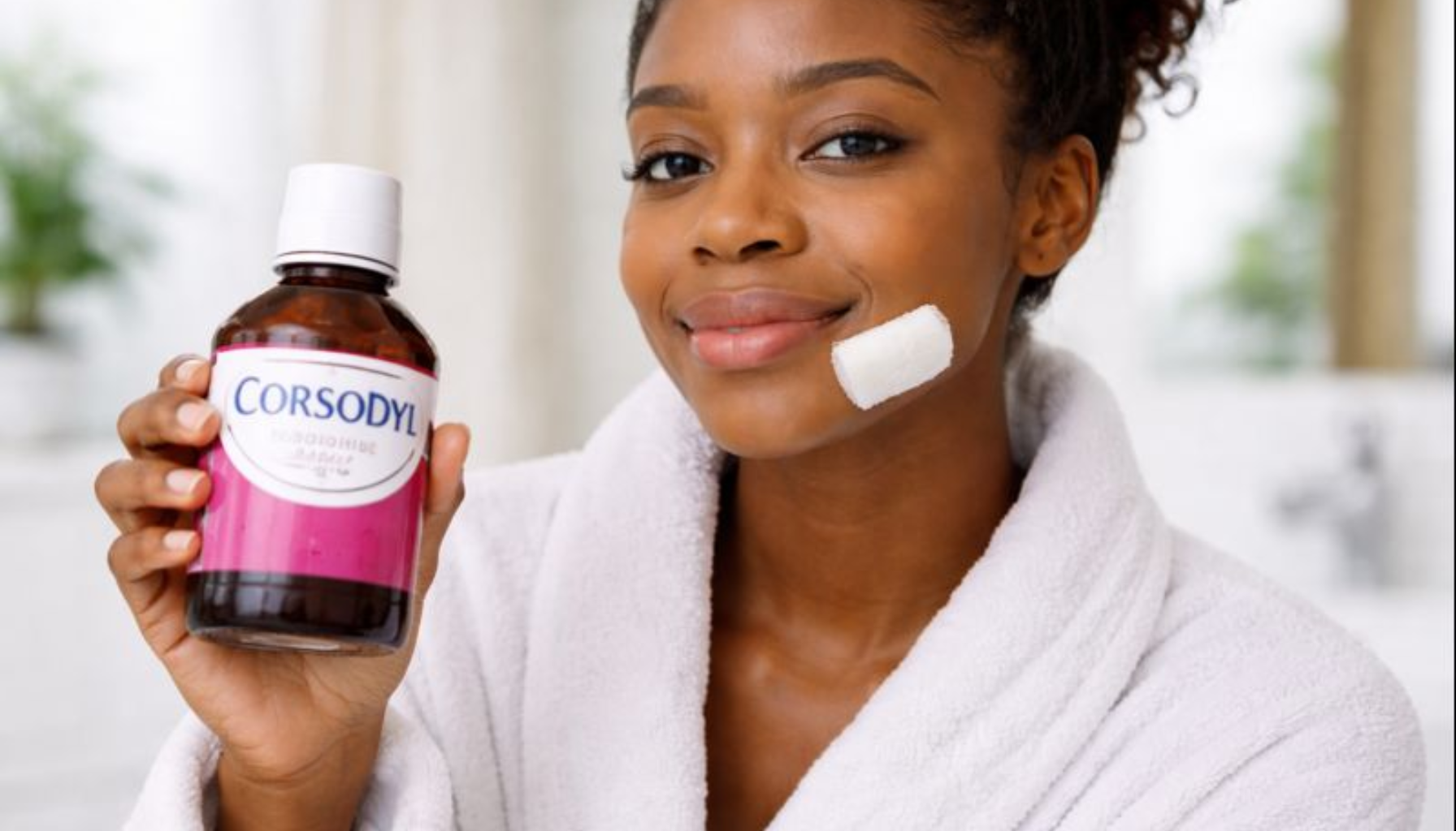 Kvinne etter visdomstannfjerning holder munnskyll, viser skånsom munnpleie ved betennelse og sårhet.