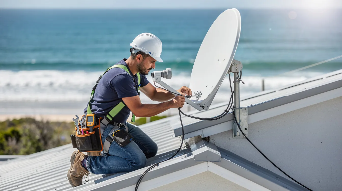 A professional technician is installing a satellite dish on the roof of a coastal home, with the ocean visible in the background, ensuring optimal reception for DSTV installation services. The skilled installer is focused on achieving a correct setup to prevent signal loss and provide high-quality DSTV service.