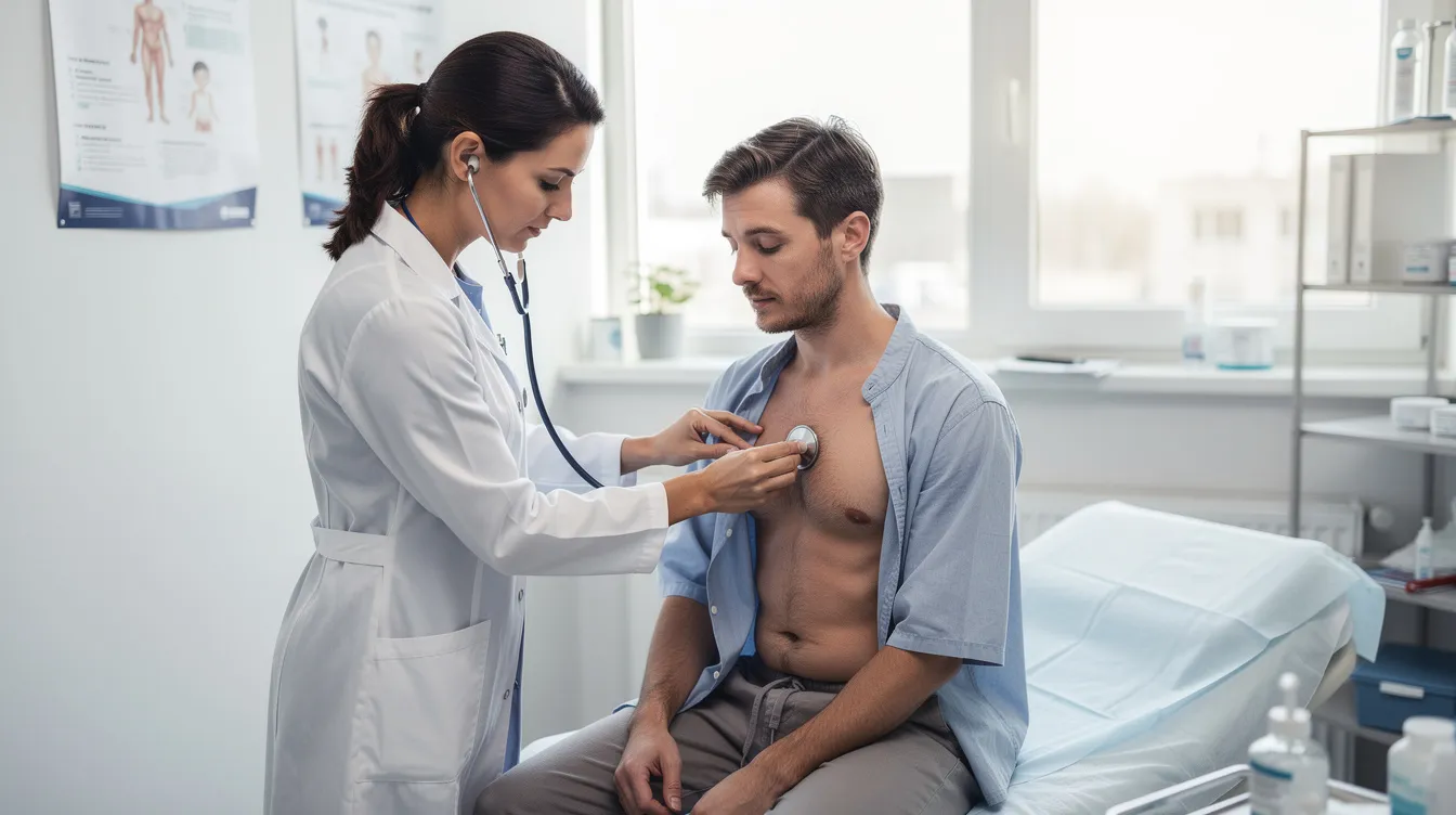 A medical professional is using a stethoscope to examine a patient's chest in a clinical setting, assessing for signs of heart disease or other cardiovascular conditions. This examination is crucial for diagnosing issues like coronary artery disease or chronic heart failure, which may qualify the patient for social security disability benefits.