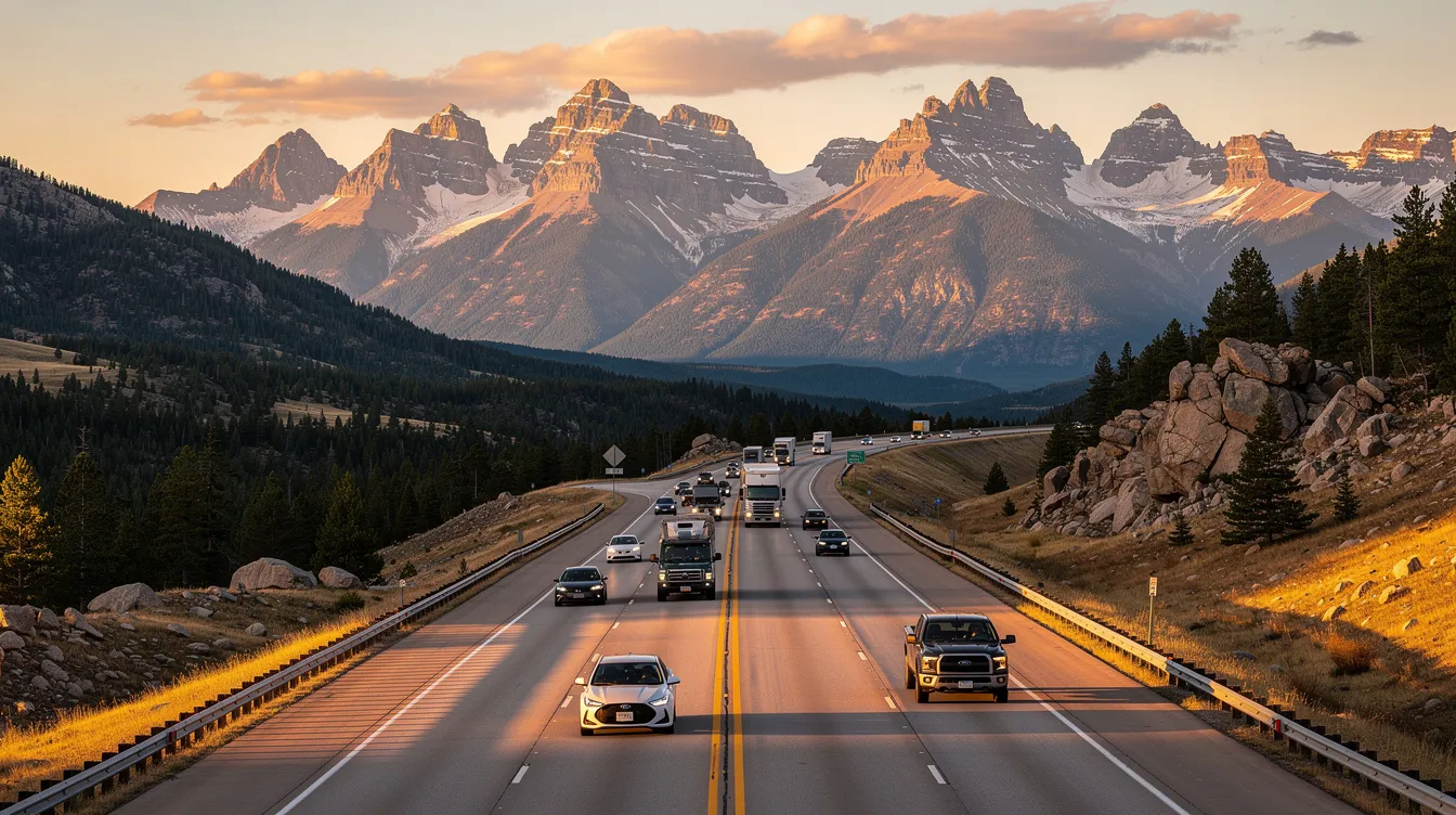 The image depicts a busy highway winding through a stunning mountainous landscape in Colorado, with several vehicles traveling along the road. This serene setting contrasts with the potential risks of motor vehicle accidents, highlighting the importance of understanding Colorado's statute of limitations for personal injury claims.