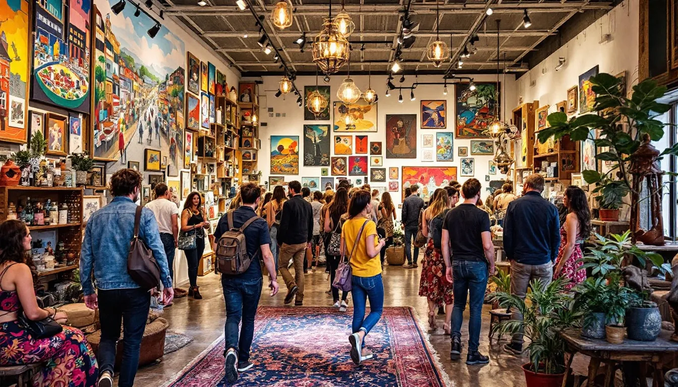 An inviting art gallery filled with local artwork and visitors exploring the exhibits.