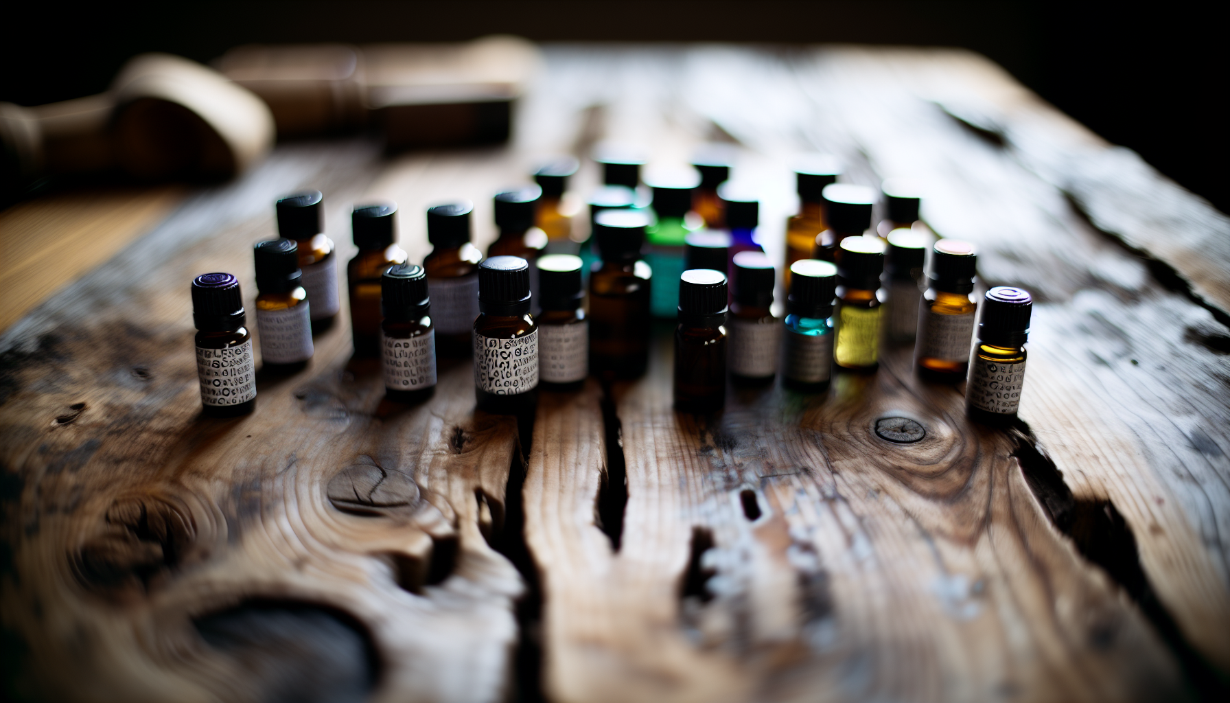 Bottles of various essential oils on a wooden surface