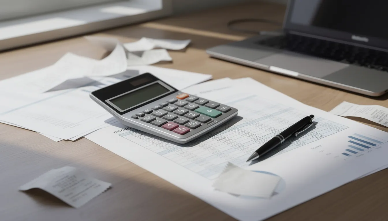 The image features a calculator alongside various financial documents, including a cash flow statement and a profit and loss statement, placed on an office desk. This setup reflects the essential tools used by small business owners for managing their accounting needs and making informed financial decisions.