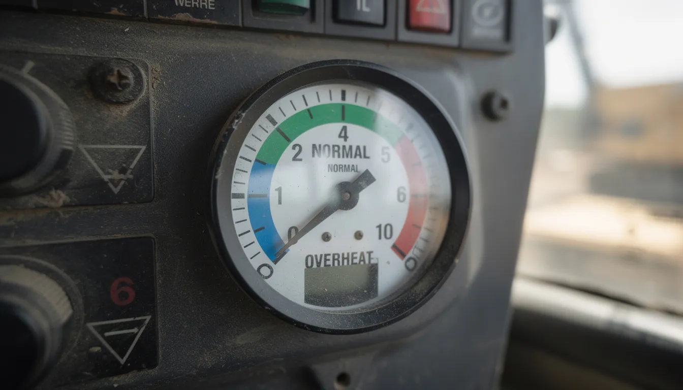 The image shows a temperature gauge on the dashboard of heavy equipment, indicating that the engine is operating within the normal temperature range. This gauge is crucial for monitoring the cooling system of machines like bobcat equipment and skid steers, ensuring optimal performance and preventing overheating.