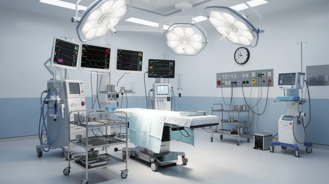 The image depicts advanced medical equipment, including patient monitors, set up in a hospital's operation theatre, showcasing a modern healthcare facility designed to meet urgent financial needs for medical projects. This environment emphasizes the importance of financial support for hospital expansion and the provision of quality care to patients.