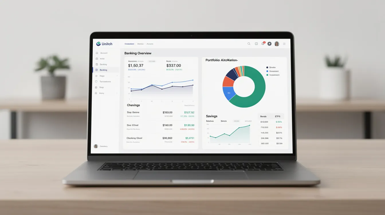 The image depicts a laptop on a desk displaying a unified financial dashboard that includes sections for banking and investments, highlighting features such as an active invest account and options for trading stocks. This interface is designed for users of Sofi Invest, providing access to various investment options and financial planning tools.