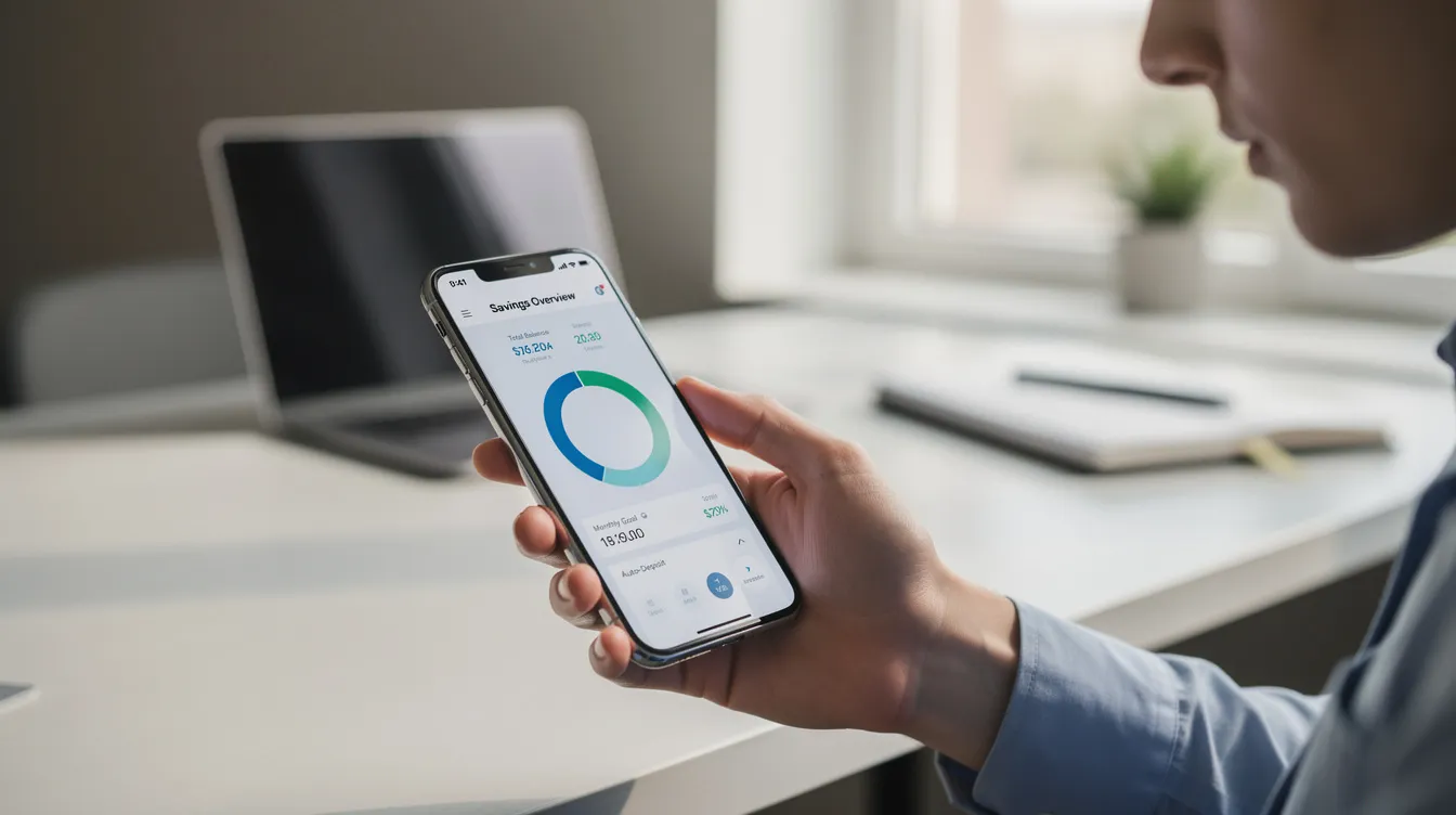 A young professional is intently reviewing a savings dashboard displayed on their smartphone, showcasing various financial insights and tools for personal banking. The interface highlights features such as savings accounts, bill payments, and online transactions, reflecting the convenience of digital banking services in Nigeria.