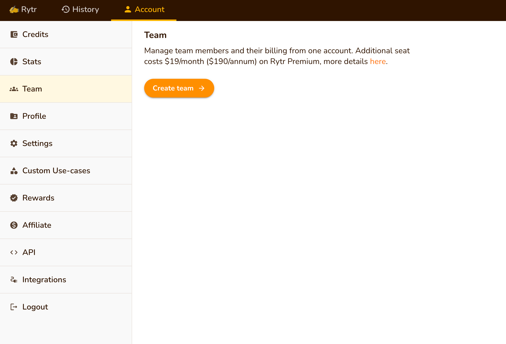 Create a team in Rytr at $19/month/seat