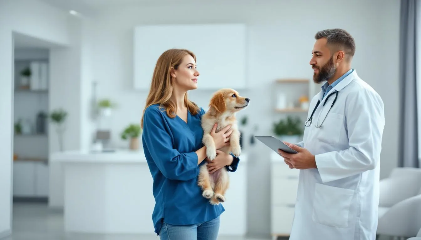 A concerned pet owner is sitting in a veterinarian