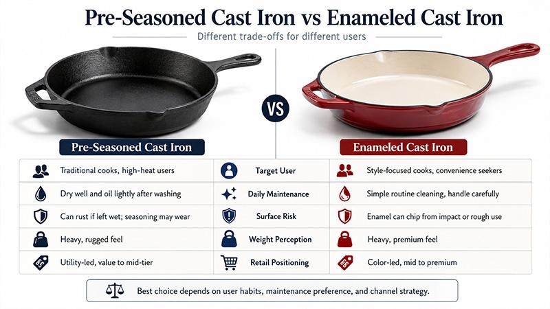 A side-by-side comparison of pre-seasoned and enamelled cast iron skillets covering user profile, maintenance, finish risks, weight, and retail position.