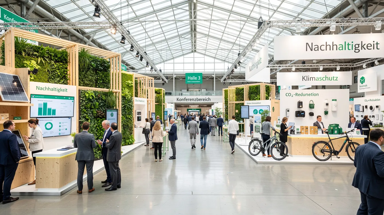 Die moderne Nachhaltigkeitskonferenz zeigt eine große Messehalle, in der Aussteller und Besucher sich über innovative Projekte und Start-ups austauschen. Unter den Teilnehmern sind auch prominente Persönlichkeiten wie der Ex-Rennfahrer Nico Rosberg, der als Investor in nachhaltige Technologien engagiert ist.