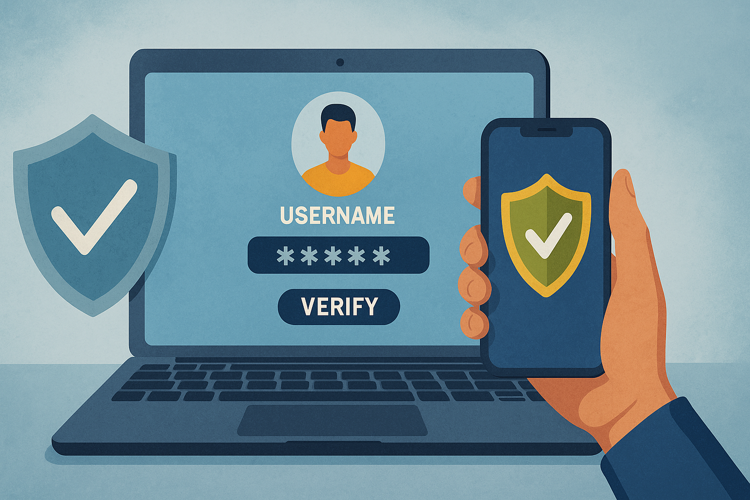 A semi-realistic digital illustration of a user verification process, showing a person confirming their identity through a secure online interface, with visual elements like ID icons, shield symbols, and a device screen, representing digital safety and account protection.