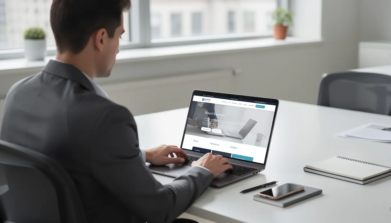A person sits in a modern office, focused on their laptop as they browse a professional website, likely exploring content marketing strategies to attract customers. The environment is sleek and organized, reflecting a commitment to creating high-quality content that engages the target audience.