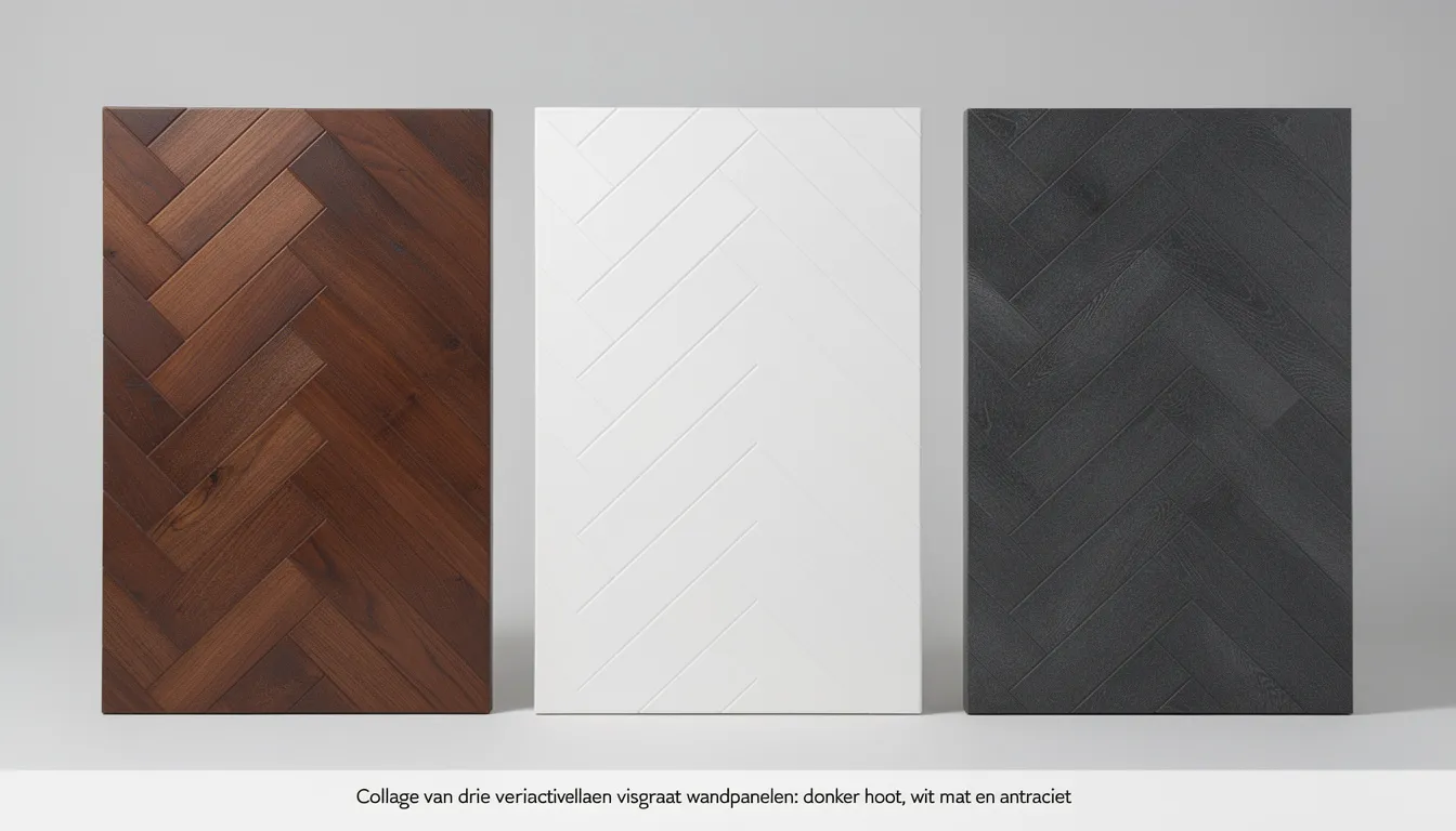De afbeelding toont een collage van drie verschillende visgraat wandpanelen: een donker houten paneel, een wit matte afwerking en een antraciet paneel, die naast elkaar zijn geplaatst. Deze panelen bieden een luxe uitstraling en zijn geschikt voor elke ruimte in huis, zoals de woonkamer of badkamer.